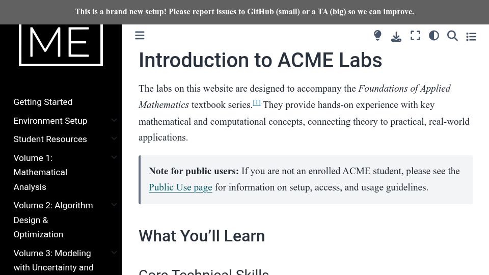 Screenshot of labs.acme.byu.edu: Python Applied Mathematics Labs