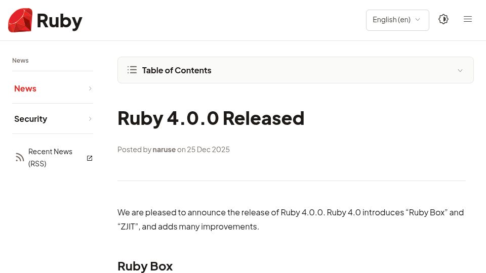 Screenshot of ruby-lang.org: Ruby 4.0.0