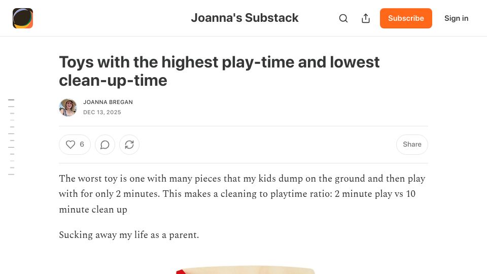 Screenshot of joannabregan.substack.com: Toys with the highest play-time and lowest clean-up-time