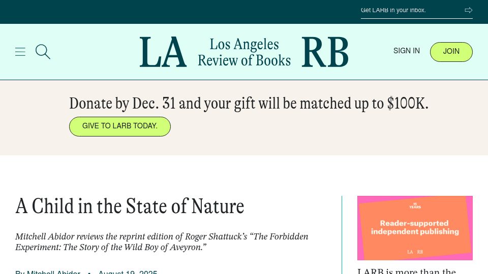 Screenshot of lareviewofbooks.org: A Child in the State of Nature