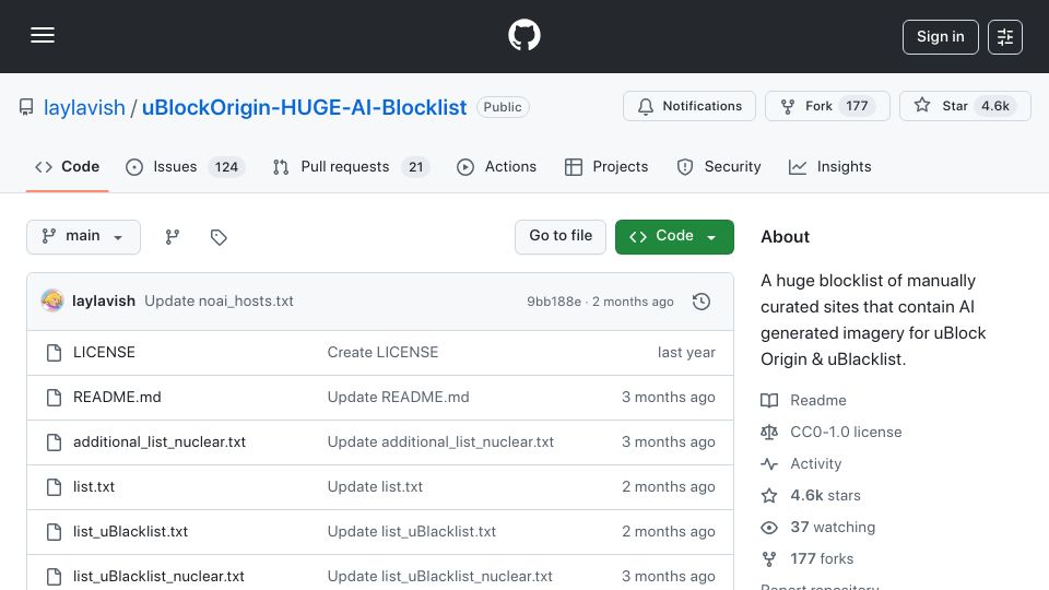 Screenshot of github.com: UBlockOrigin and UBlacklist AI Blocklist