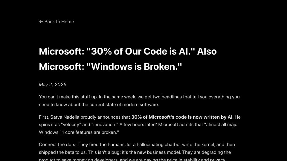 Screenshot of michael-dev-tech.github.io: Microsoft: "30% of Our Code Is AI." Also Microsoft: "Windows Is Broken."