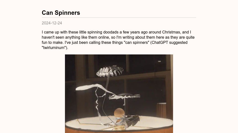 Screenshot of evan.widloski.com: Show HN: Lamp Carousel – DIY kinetic sculpture powered by lamp heat (2024)
