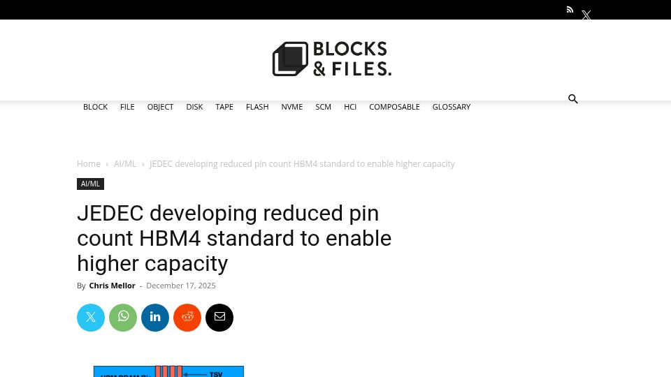 Screenshot of blocksandfiles.com: JEDEC developing reduced pin count HBM4 standard to enable higher capacity