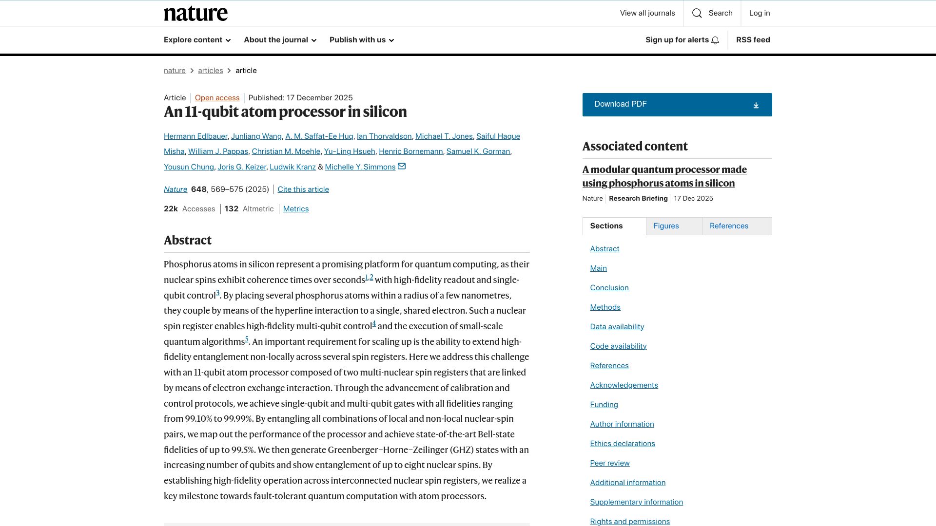 Screenshot of nature.com: An 11-qubit atom processor in silicon with all fidelities from 99.10% to 99.99%