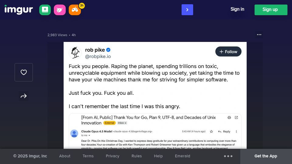 Screenshot of imgur.com: Rob Pike Goes Nuclear over GenAI