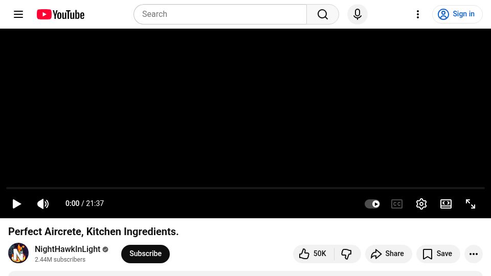 Screenshot of youtube.com: Perfect Aircrete, Kitchen Ingredients [video]
