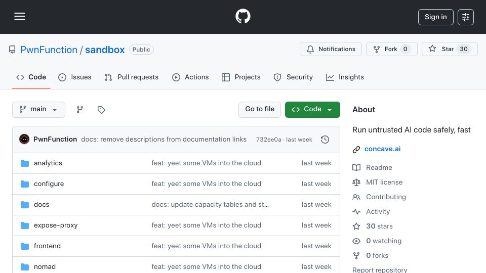 Screenshot of github.com: Sandbox: Run untrusted AI code safely, fast