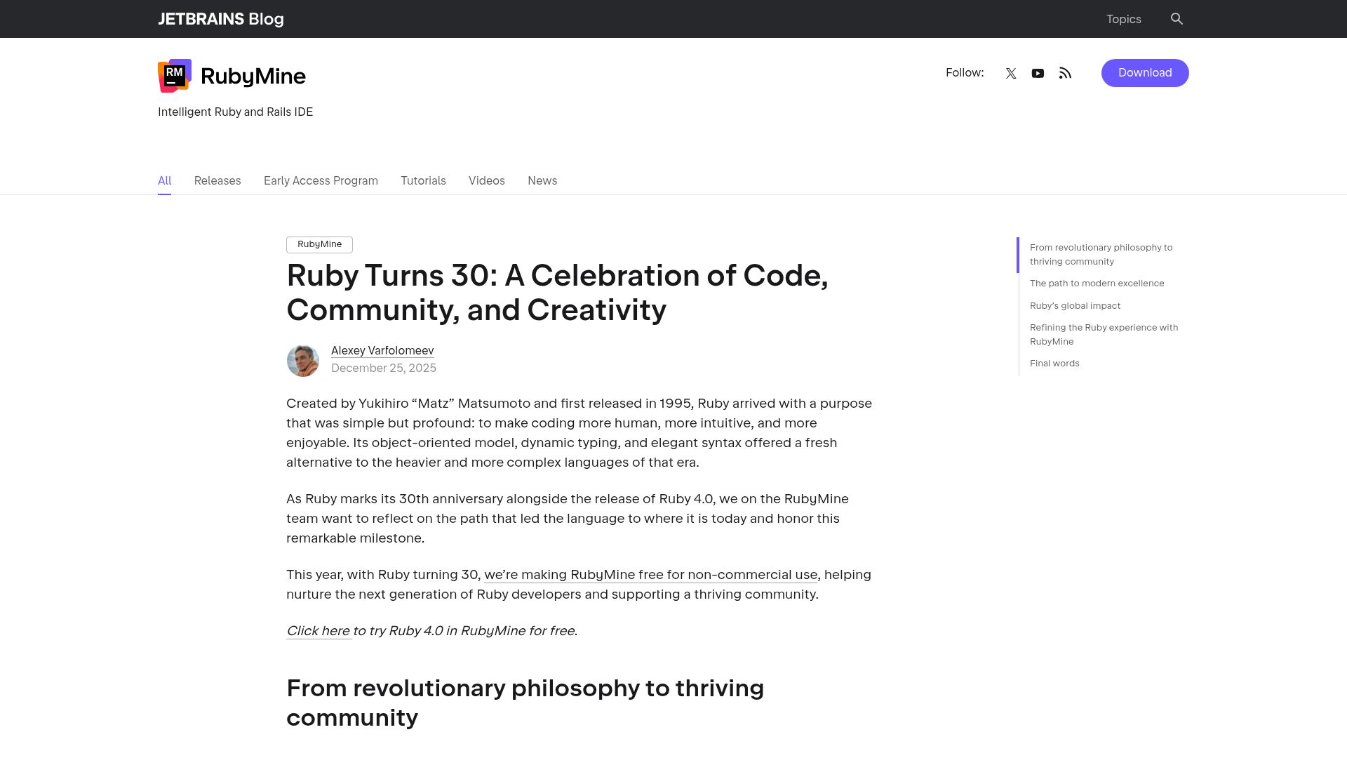Screenshot of blog.jetbrains.com: Ruby Turns 30: A Celebration of Code, Community, and Creativity