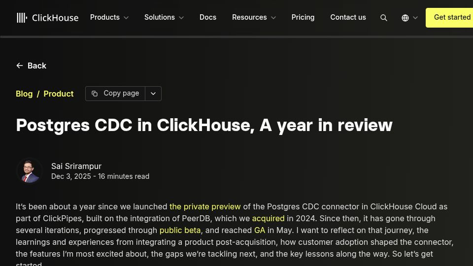 Screenshot of clickhouse.com: Lessons from a year of Postgres CDC in production