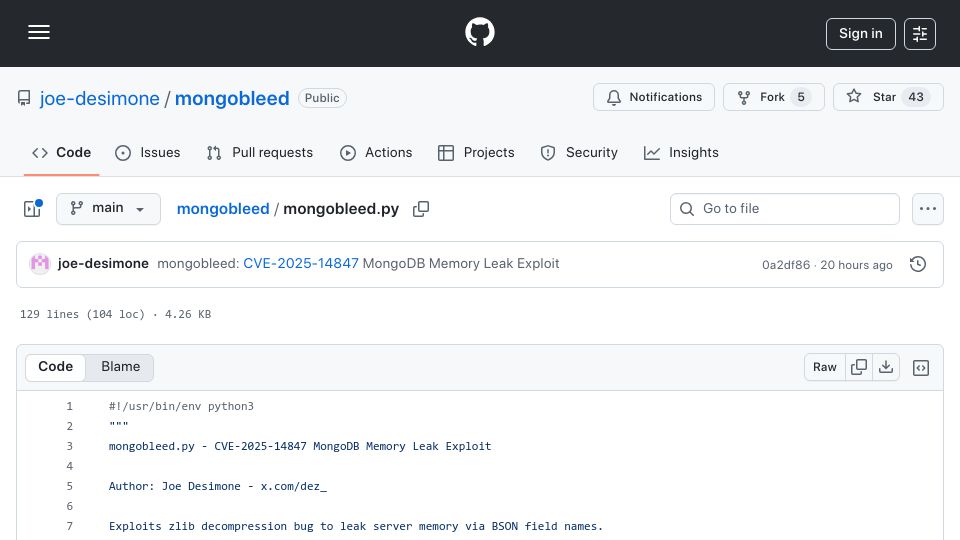 Screenshot of github.com: MongoBleed