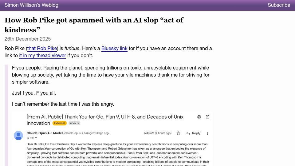 Screenshot of simonwillison.net: Rob Pike got spammed with an AI slop "act of kindness"