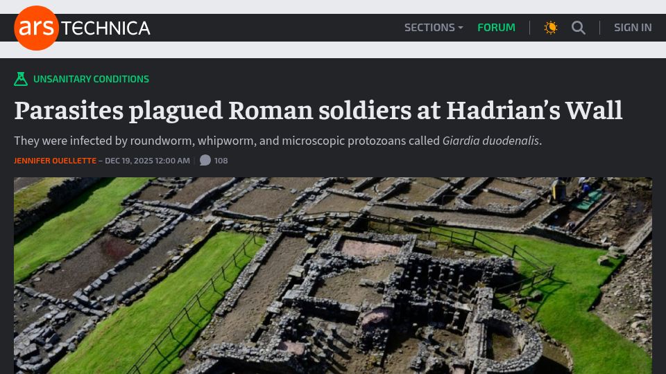 Screenshot of arstechnica.com: Parasites plagued Roman soldiers at Hadrian's Wall