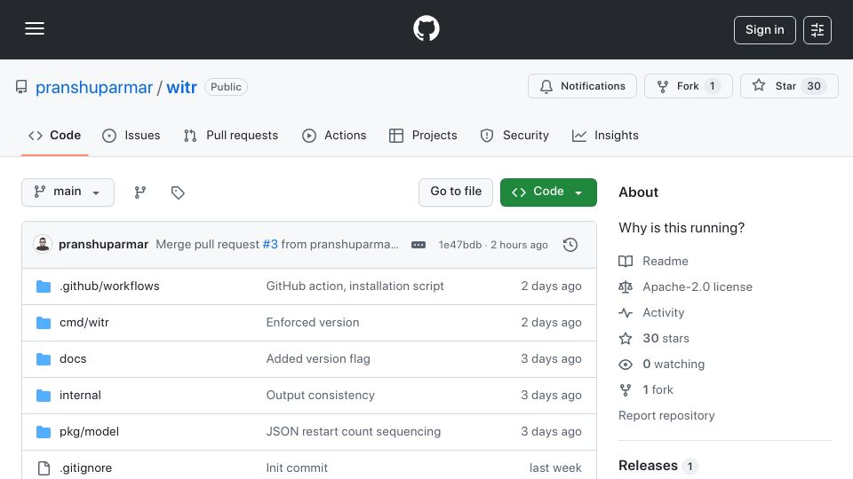 Screenshot of github.com: Show HN: Witr – Explain why a process is running on your Linux system