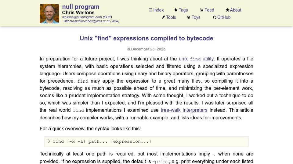 Screenshot of nullprogram.com: Unix "find" expressions compiled to bytecode