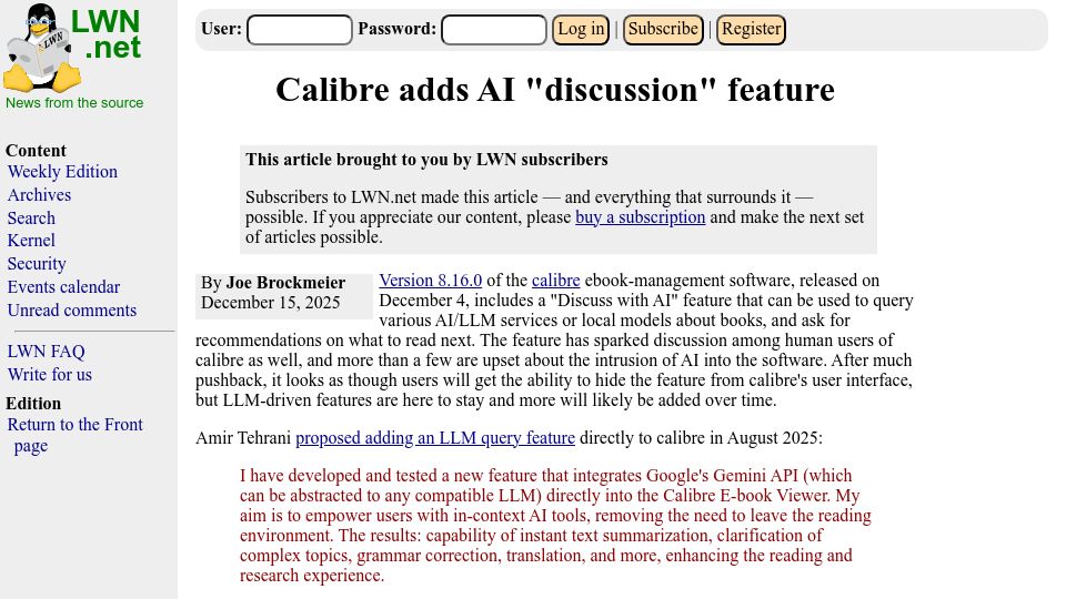 Screenshot of lwn.net: Calibre adds AI "discussion" feature