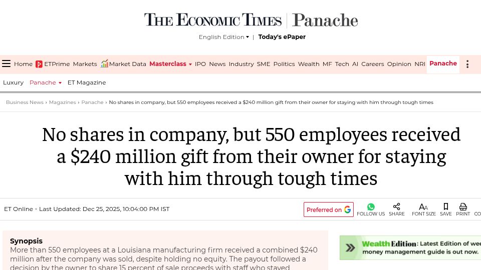 Screenshot of economictimes.indiatimes.com: No shares in company, but 550 employees received a $240M gift from their owner