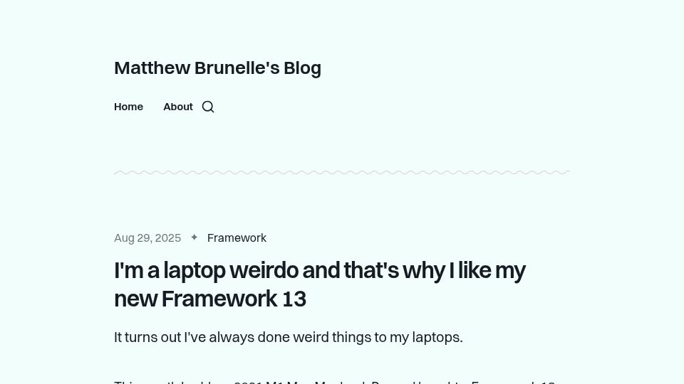 Screenshot of blog.matthewbrunelle.com: I'm a laptop weirdo and that's why I like my new Framework 13