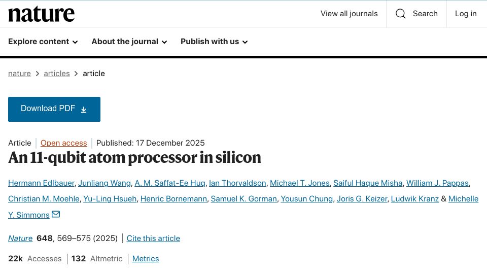 Screenshot of nature.com: An 11-qubit atom processor in silicon with all fidelities from 99.10% to 99.99%