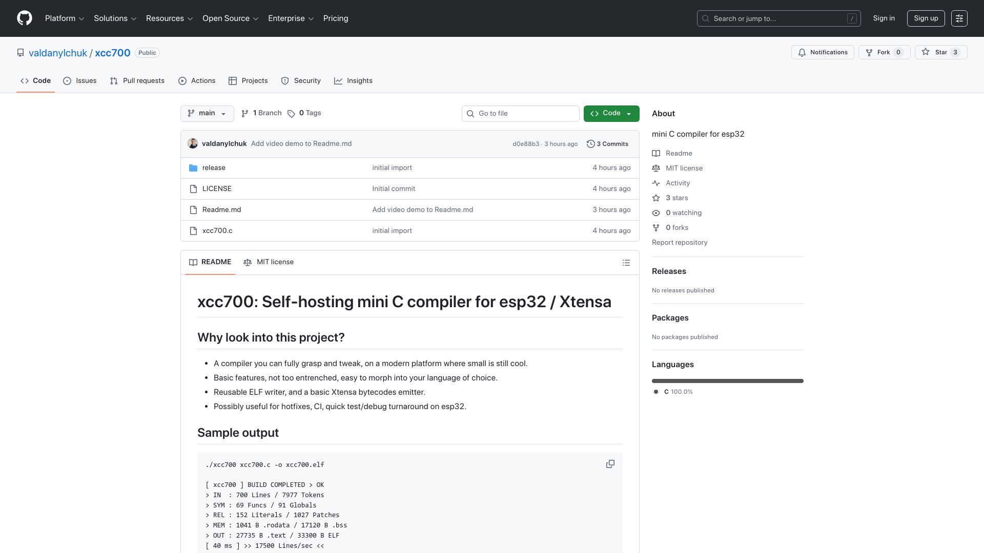 Screenshot of github.com: Show HN: Xcc700: Self-hosting mini C compiler for ESP32 (Xtensa) in 700 lines