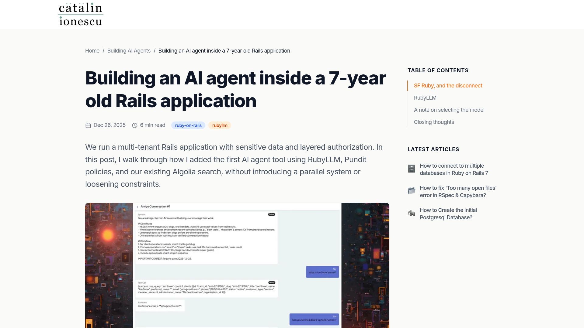Screenshot of catalinionescu.dev: Building an AI agent inside a 7-year-old Rails monolith