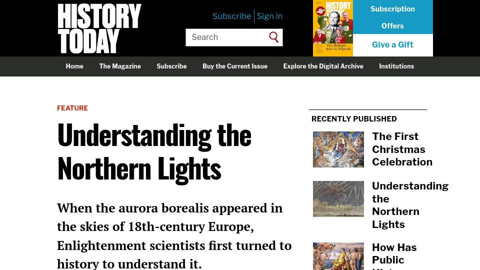 Screenshot of historytoday.com: Understanding the Northern Lights