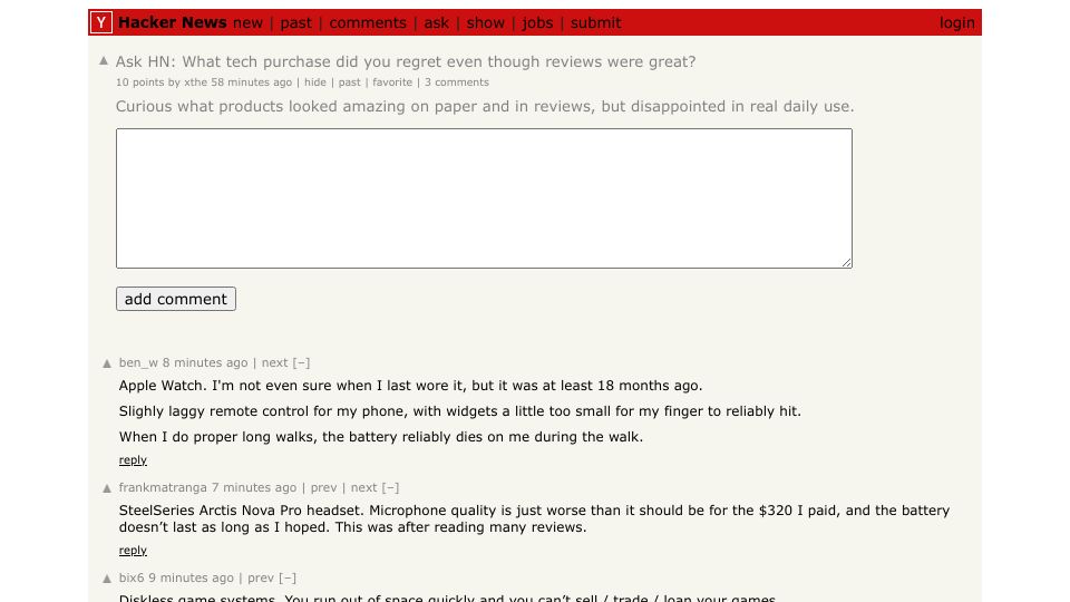 Screenshot of Hacker News post: Ask HN: What tech purchase did you regret even though reviews were great?