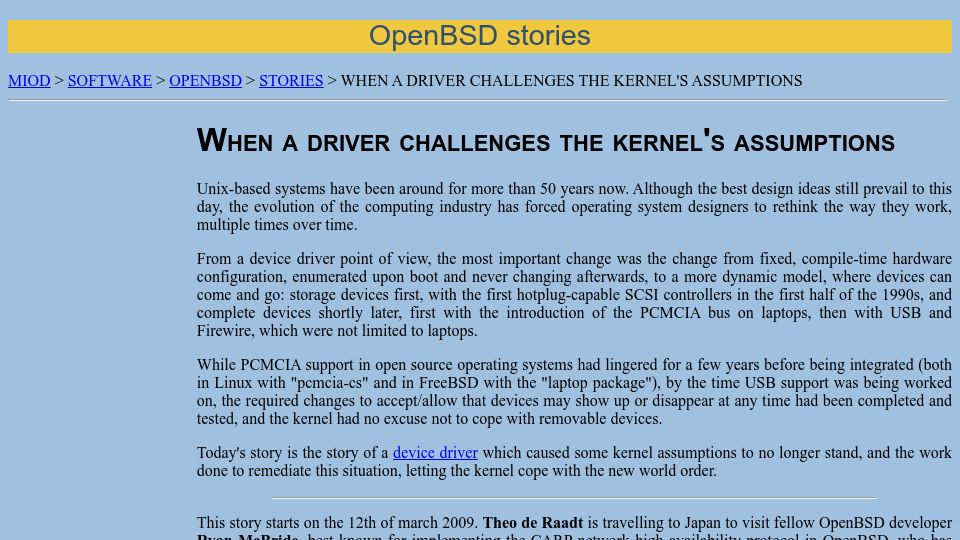 Screenshot of miod.online.fr: When a driver challenges the kernel's assumptions