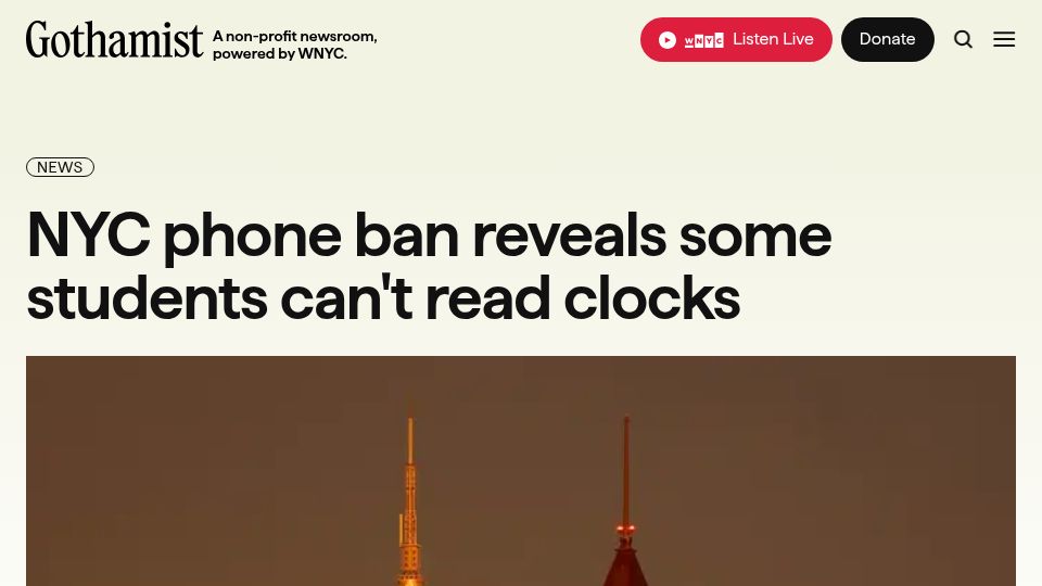 Screenshot of gothamist.com: NYC phone ban reveals some students can't read clocks