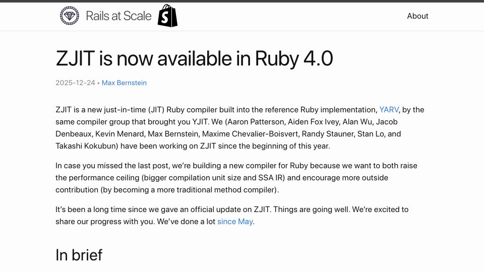 Screenshot of railsatscale.com: ZJIT is now available in Ruby 4.0