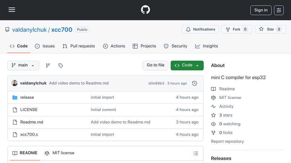 Screenshot of github.com: Show HN: Xcc700: Self-hosting mini C compiler for ESP32 (Xtensa) in 700 lines