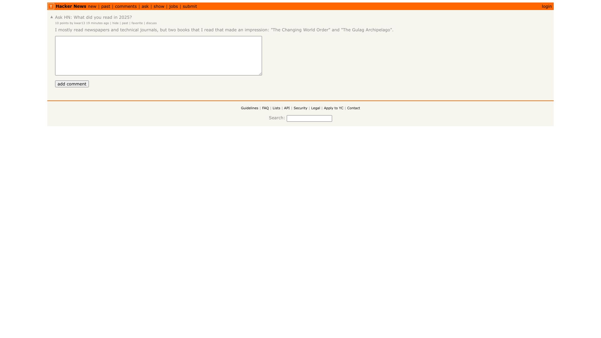Screenshot of this Hacker News post: Ask HN: What did you read in 2025?