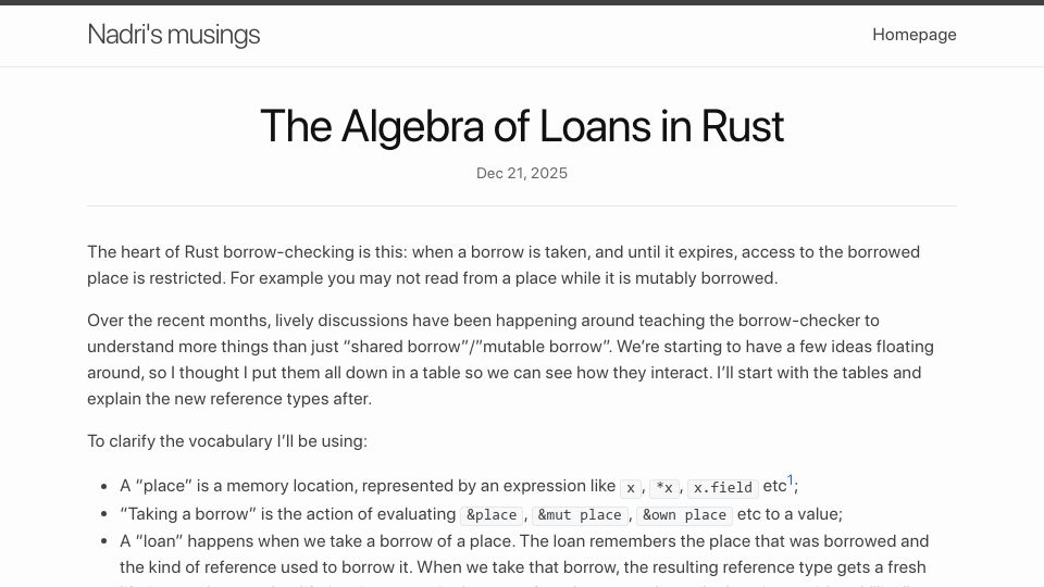 Screenshot of nadrieril.github.io: The Algebra of Loans in Rust