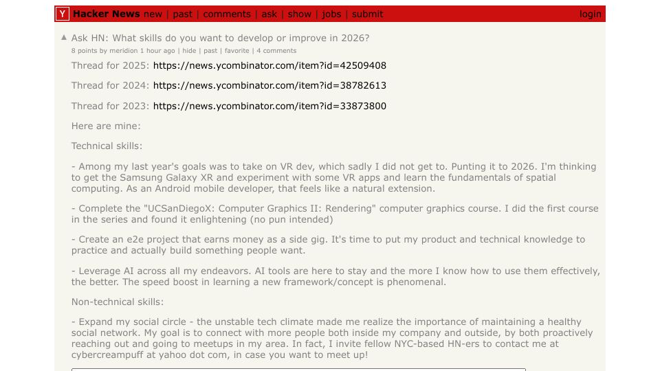 Screenshot of Hacker News post: Ask HN: What skills do you want to develop or improve in 2026?