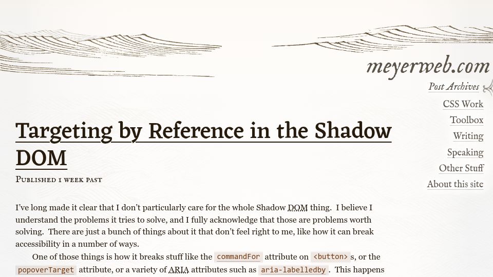 Screenshot of meyerweb.com: Targeting by Reference in the Shadow DOM