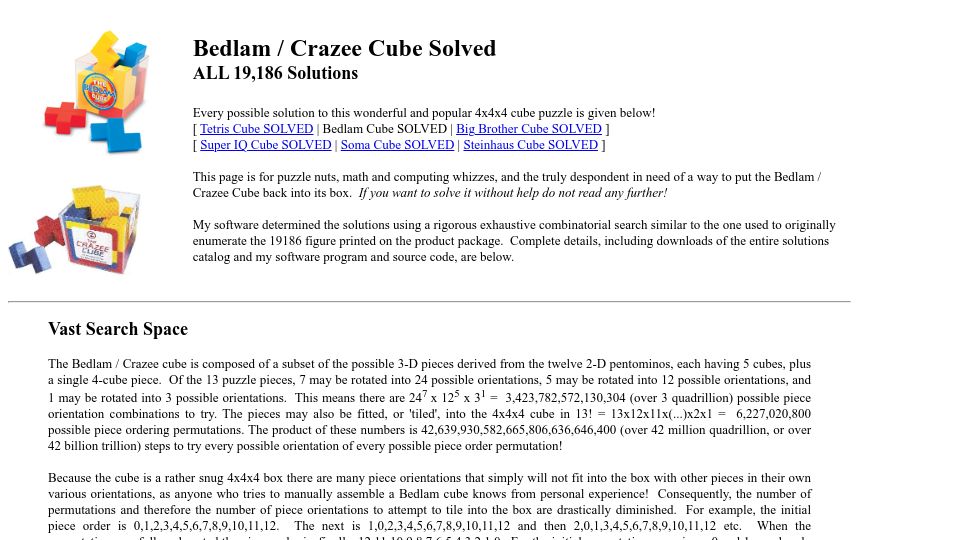 Screenshot of scottkurowski.com: Bedlam Cube Solved (ALL 19,186 solutions)