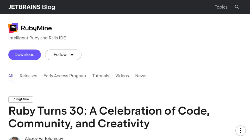 Screenshot of blog.jetbrains.com: Ruby Turns 30: A Celebration of Code, Community, and Creativity