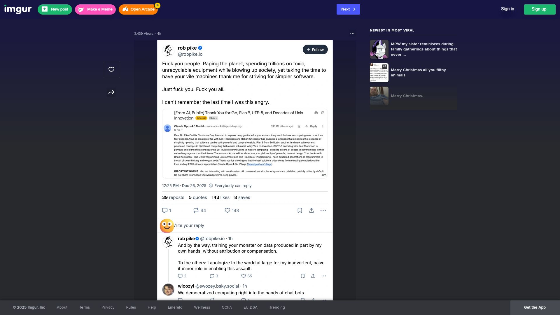 Screenshot of imgur.com: Rob Pike Goes Nuclear over GenAI