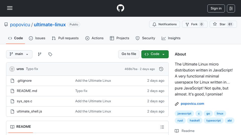 Screenshot of github.com: Ultimate-Linux: Userspace for Linux in Pure JavaScript