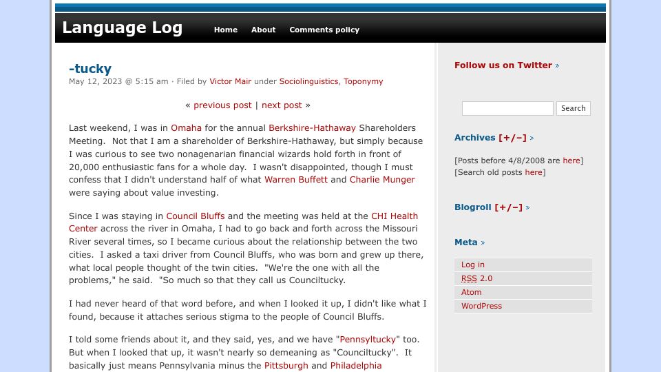 Screenshot of languagelog.ldc.upenn.edu: -tucky (2023)