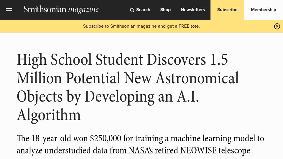 Screenshot of smithsonianmag.com: High school student discovers 1.5M potential new astronomical objects