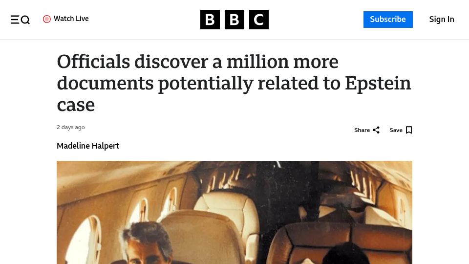 Screenshot of bbc.com: Officials discover a million more documents potentially related to Epstein case