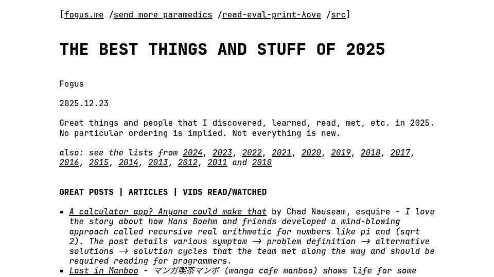 Screenshot of blog.fogus.me: The best things and stuff of 2025