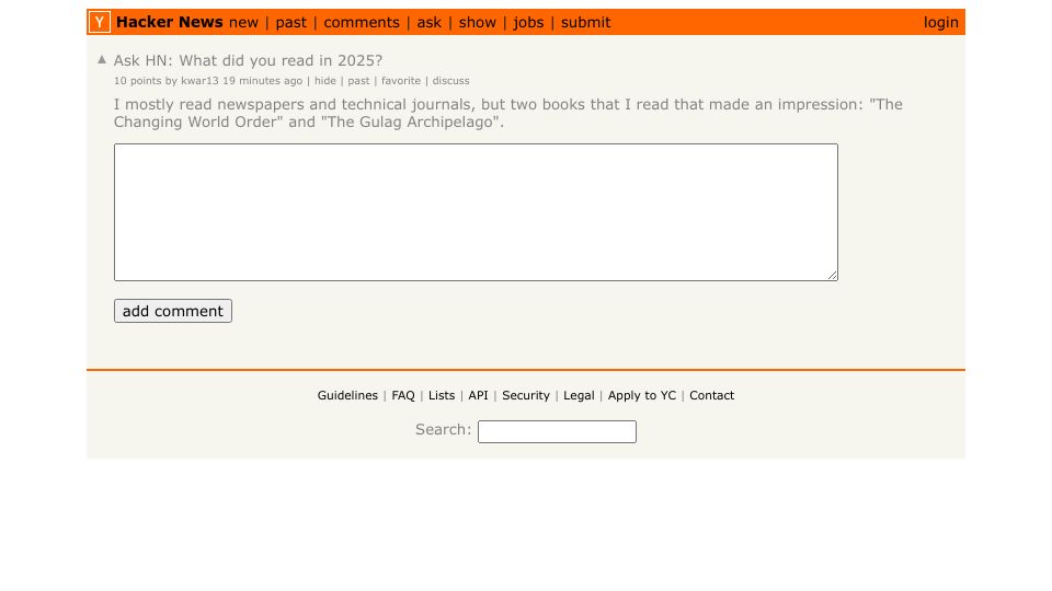 Screenshot of Hacker News post: Ask HN: What did you read in 2025?