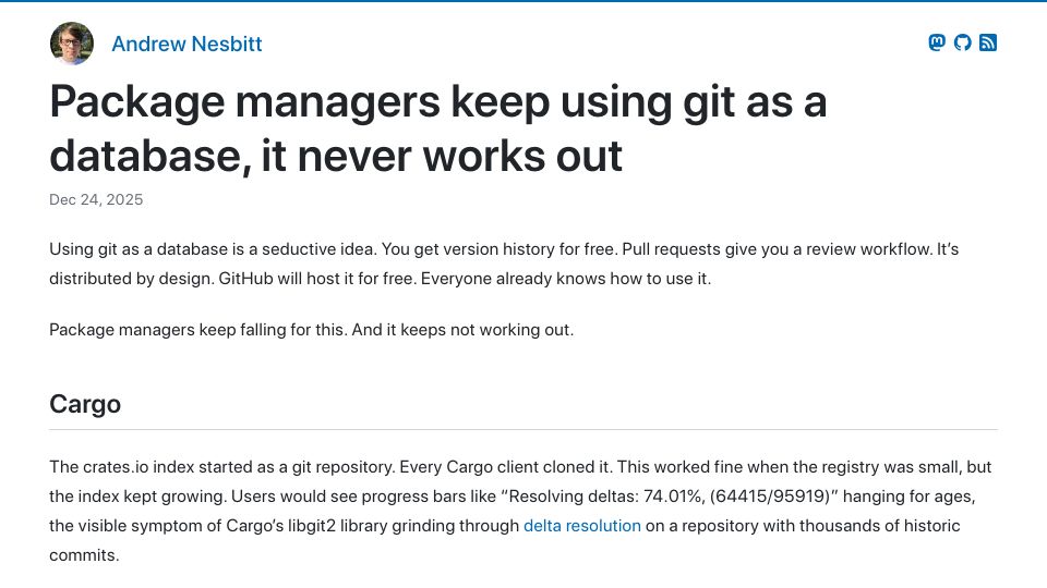Screenshot of nesbitt.io: Package managers keep using Git as a database, it never works out