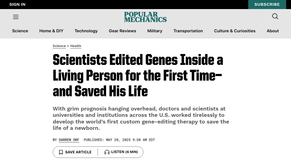 Screenshot of popularmechanics.com: Scientists edited genes in a living person and saved his life