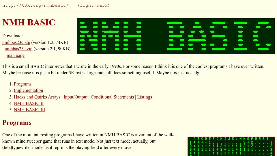 Screenshot of t3x.org: NMH BASIC
