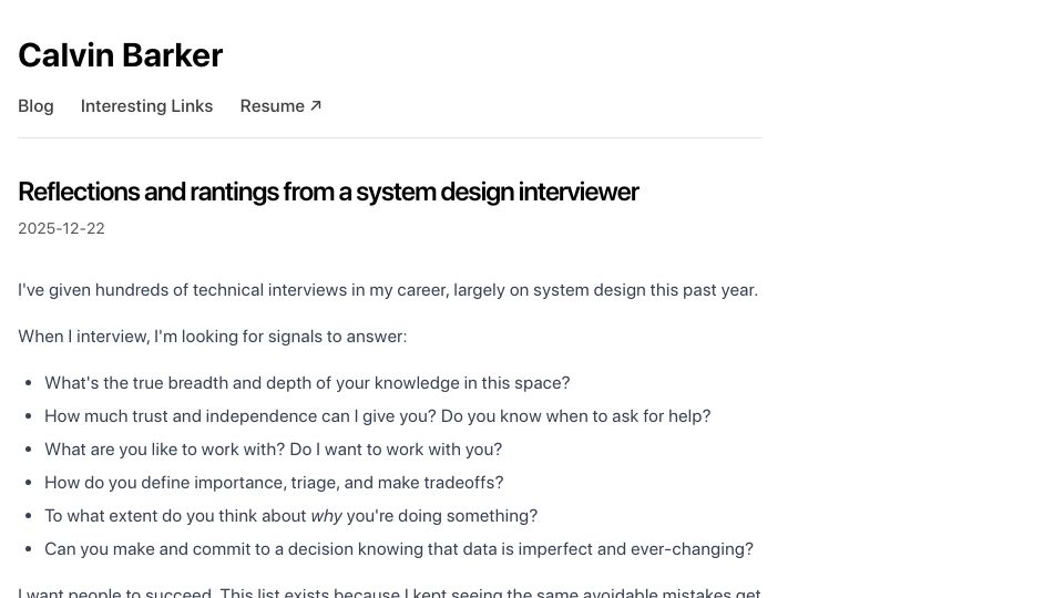 Screenshot of calvinbarker.com: Reflections and rantings from a system design interviewer