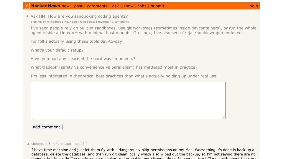 Screenshot of Hacker News post: Ask HN: How are you sandboxing coding agents?