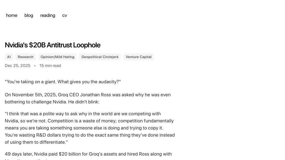 Screenshot of ossa-ma.github.io: Nvidia's $20B antitrust loophole